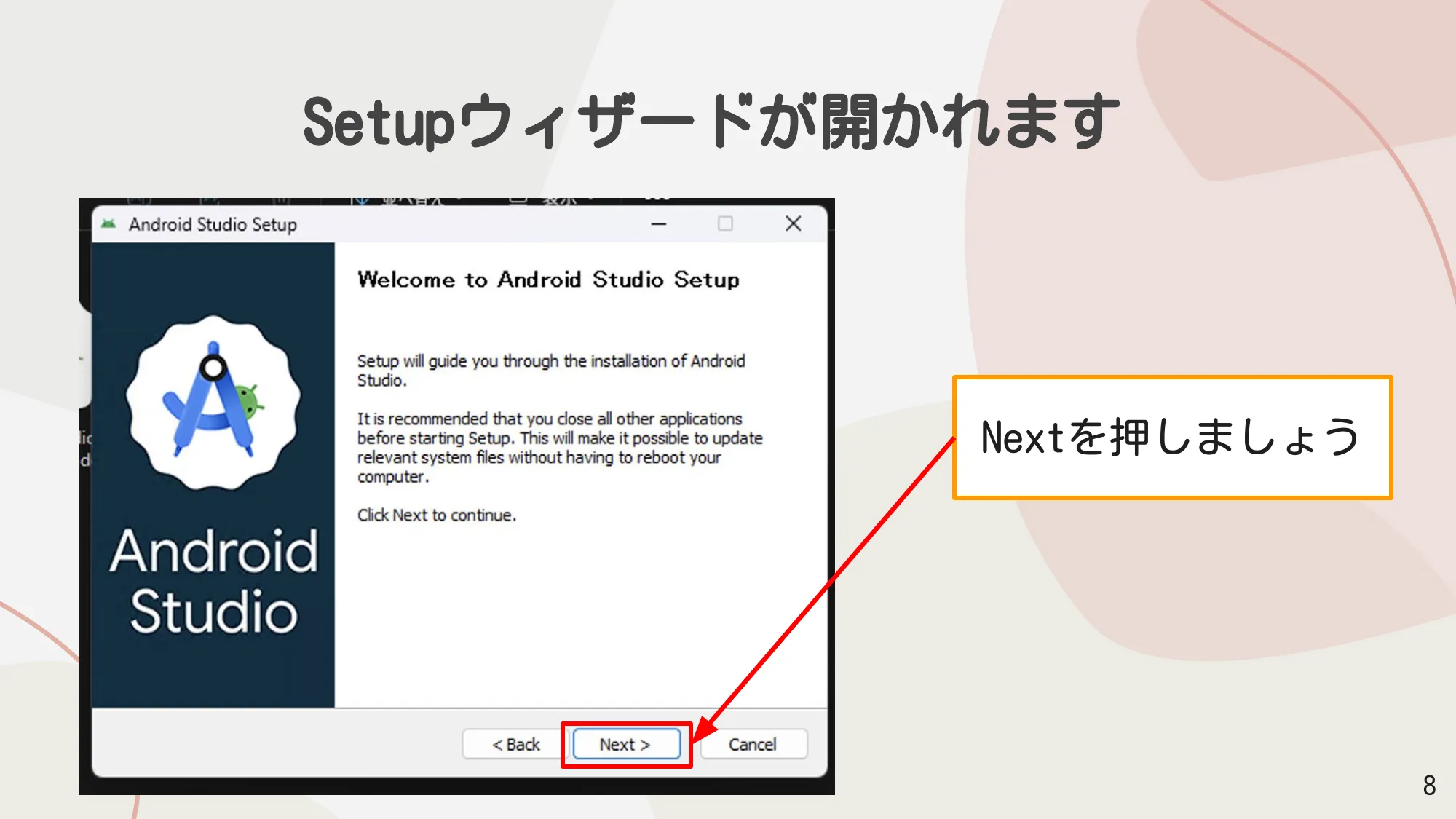 Setupウィザードの開始画面でNextを押す