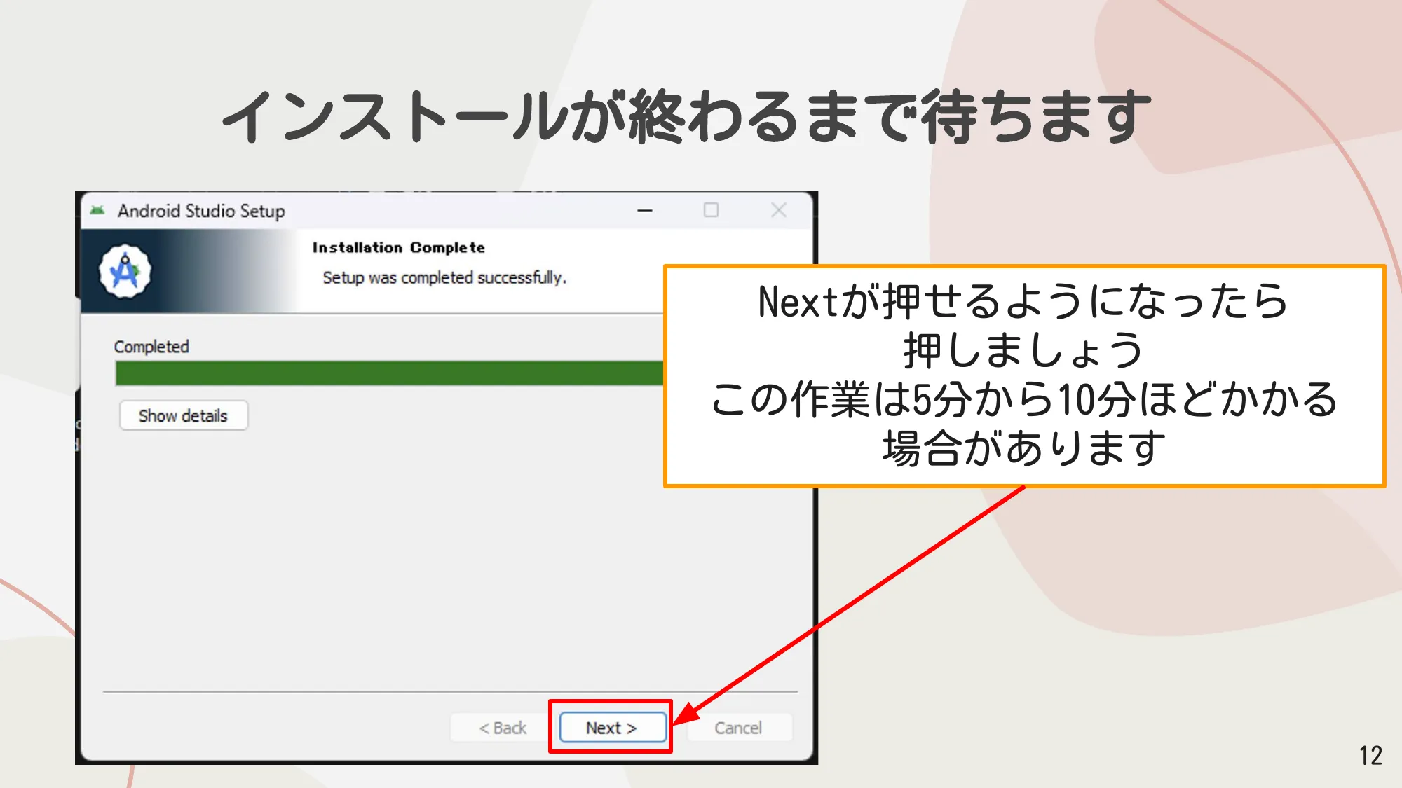 インストール完了画面でNextを押す