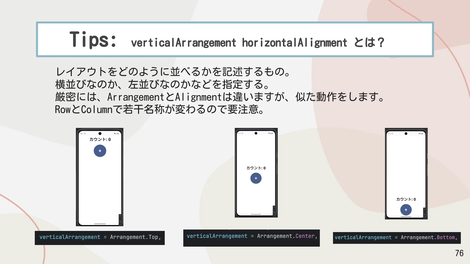 verticalArrangement と horizontalAlignment とは？